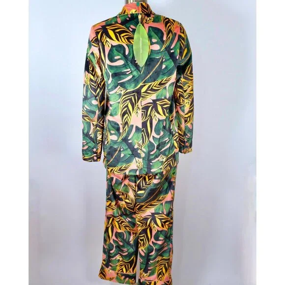 Farm Rio sz XS pant suit jacket velour palm tiger leaf tropical print